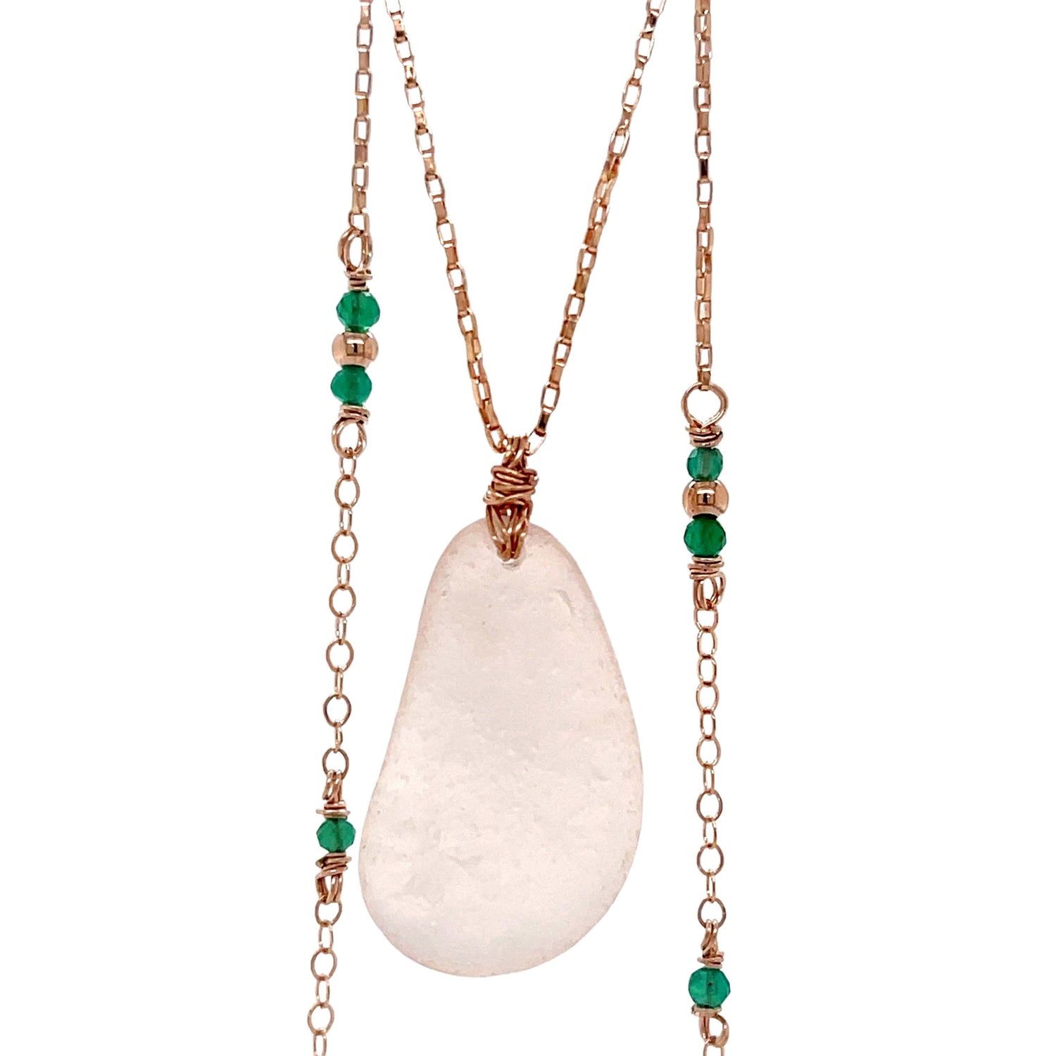 Rose Gold Pink Sea Glass &amp; Green Onyx Necklace