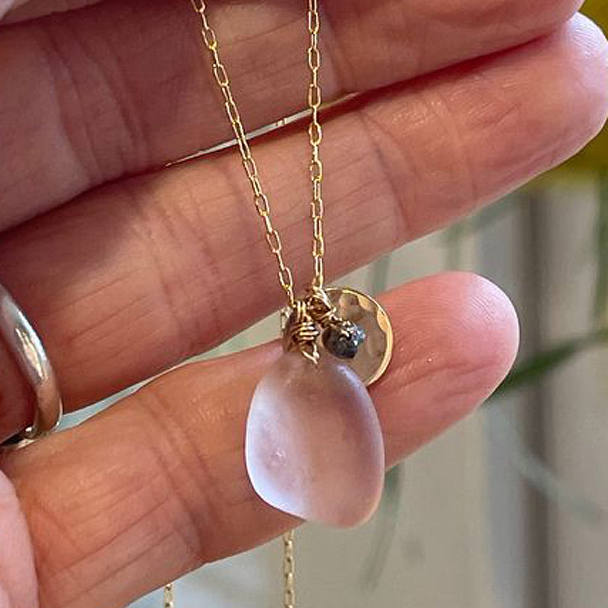 Gold Disc &amp; Diamond Necklace - Pink Gold Necklace - Handmade Sea Glass Necklace - Charm Necklace