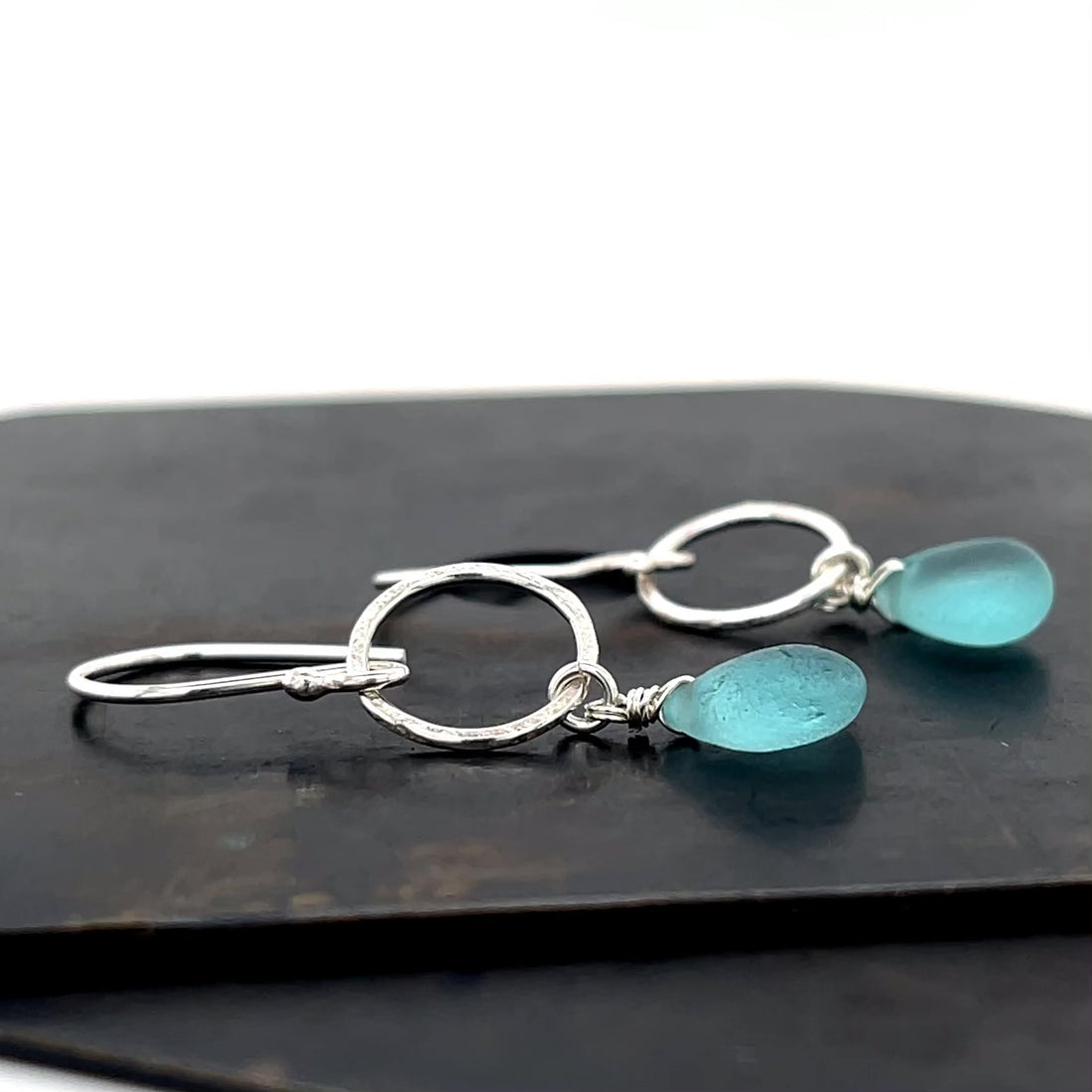 Turquoise Sea Glass Silver Circle Earrings