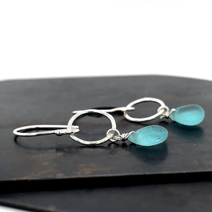 Turquoise Sea Glass Silver Circle Earrings