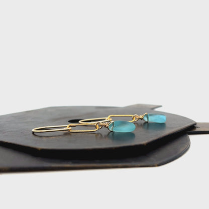 Turquoise Sea Glass Paperclip Gold Earrings
