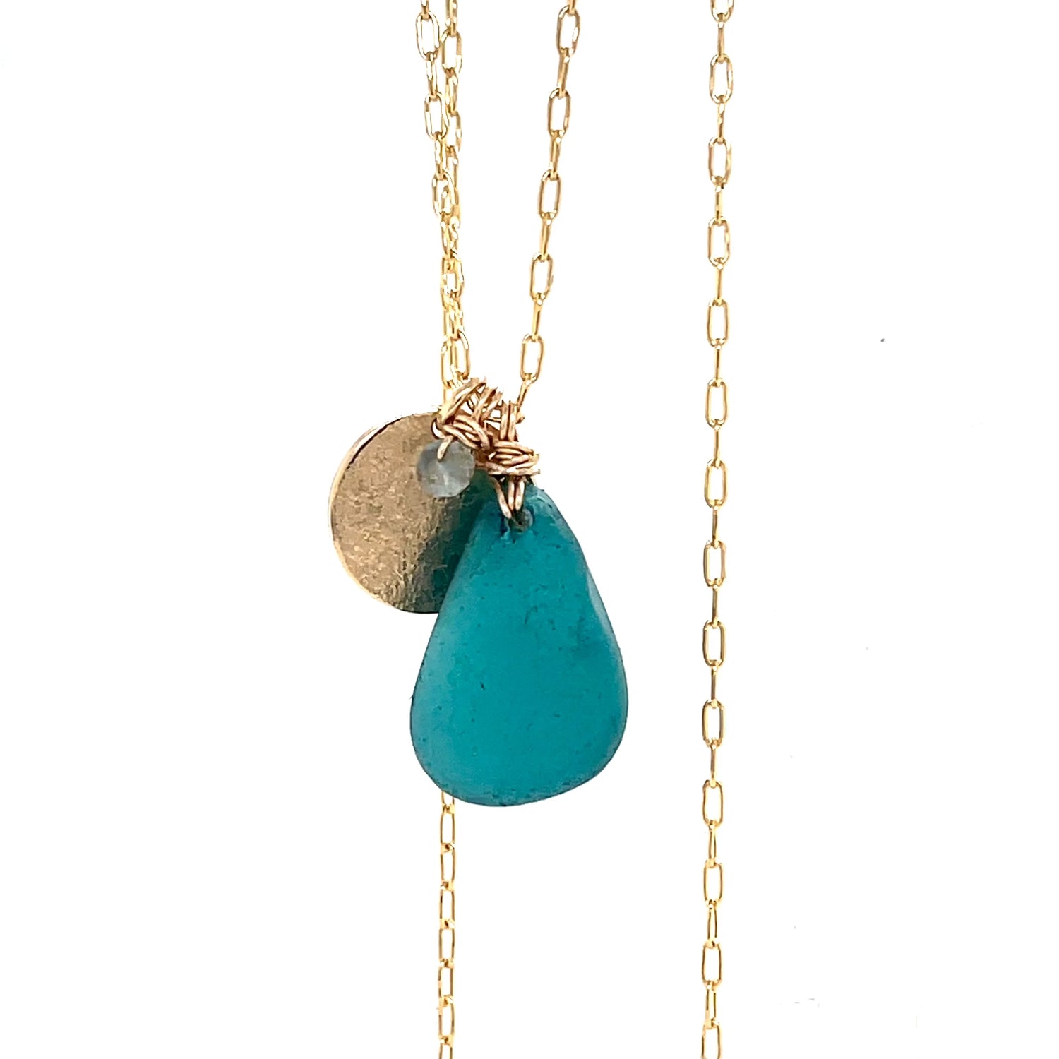 Teal Gold Disc Necklace - Sea Glass Necklace - Teal Gold Necklace