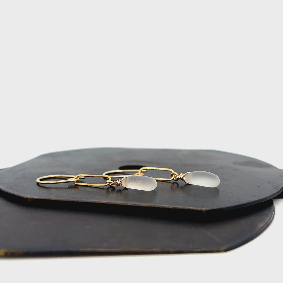 Clear Sea Glass Paperclip Gold Earrings