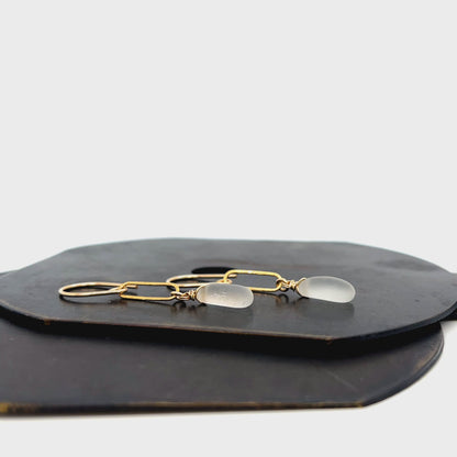 Clear Sea Glass Paperclip Gold Earrings