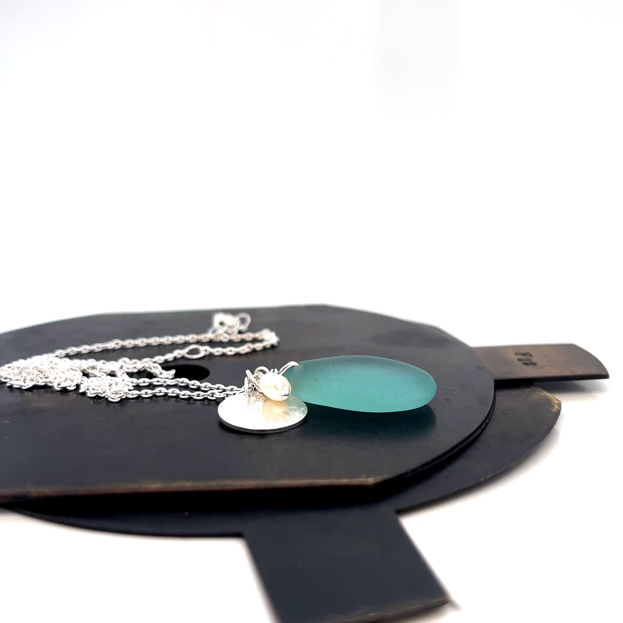 Aqua Sea Glass, Pearl &amp; Disc Silver Necklace