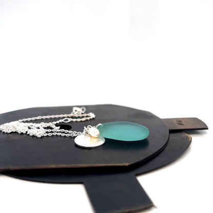 Aqua Sea Glass, Pearl &amp; Disc Silver Necklace