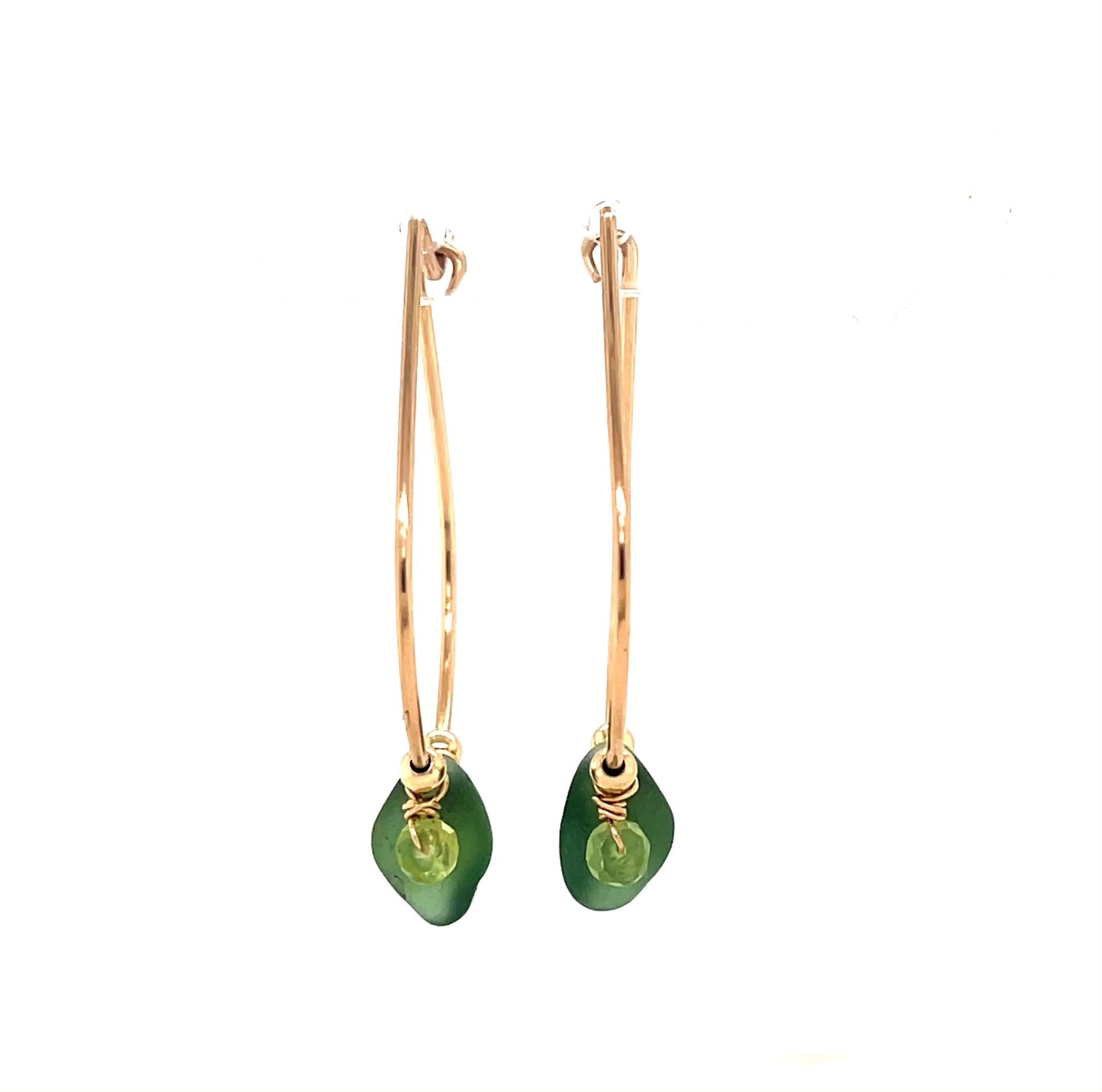 Half Hoop Earrings with Green Sea Glass and Peridot - Stylish Gold Earrings for Everyday Wear