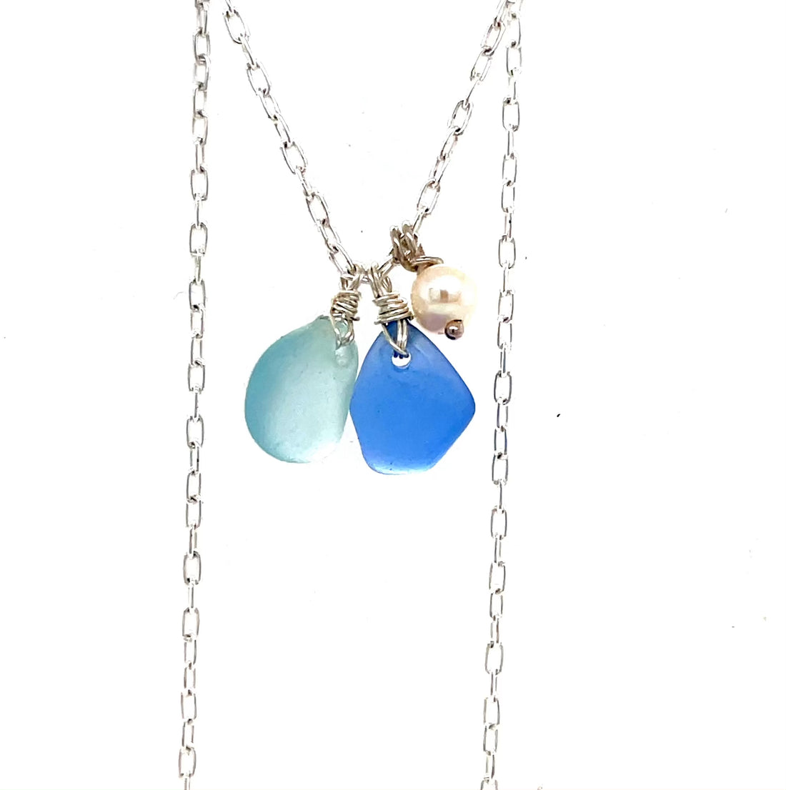 Mini Pearl, Turquoise &amp; Blue Sea Glass Silver Charm Necklace