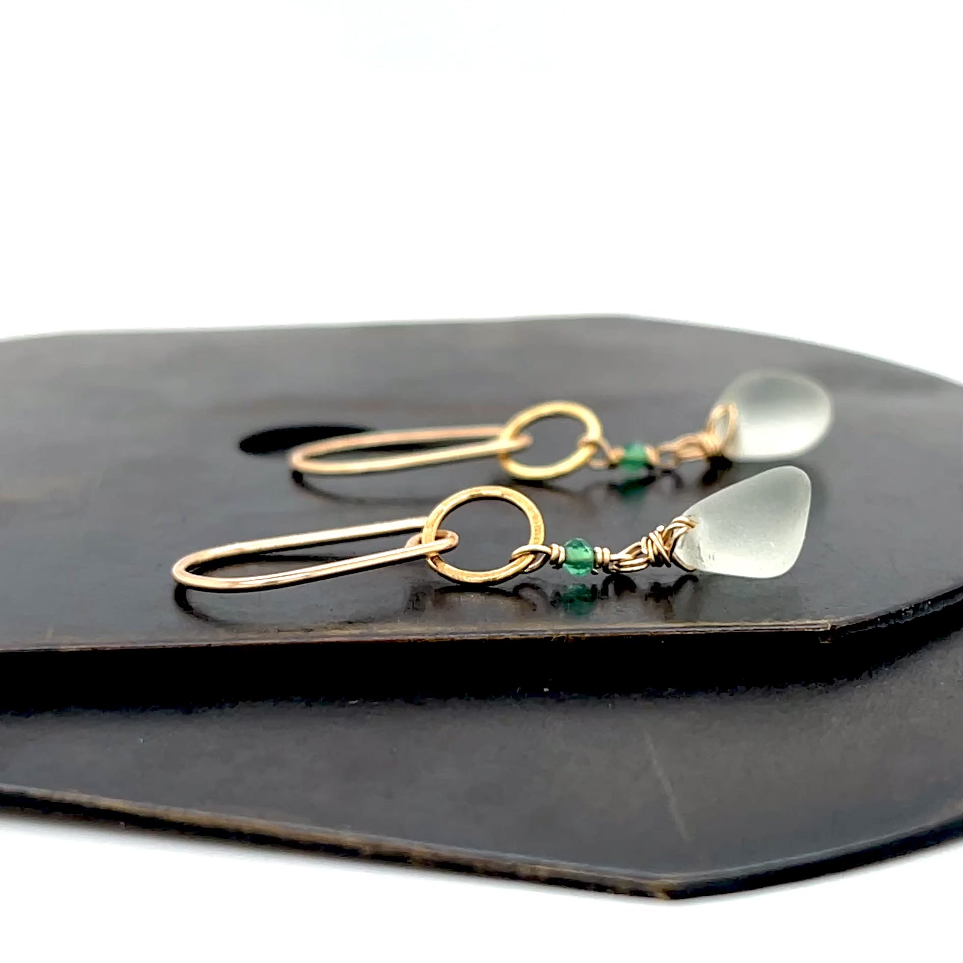 Seafoam Sea Glass, Onyx Gold Earrings