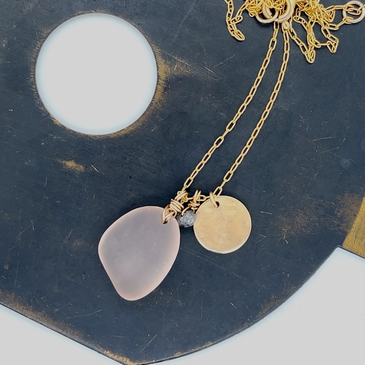 Gold Disc &amp; Diamond Necklace - Pink Gold Necklace - Handmade Sea Glass Necklace - Charm Necklace