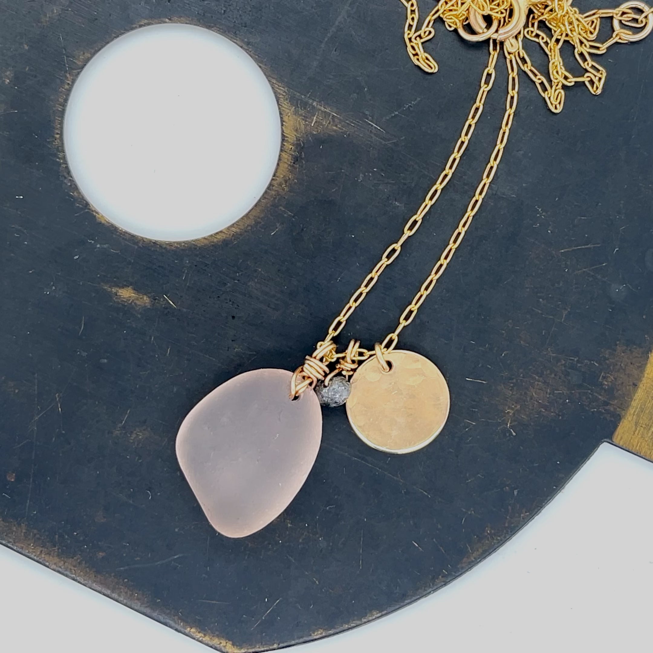 Gold Disc Necklace - Pink Sea Glass Necklace