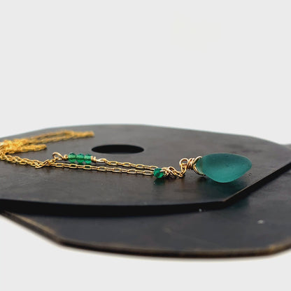 Sea green glass and onyx gold necklace by Kriket Broadhurst