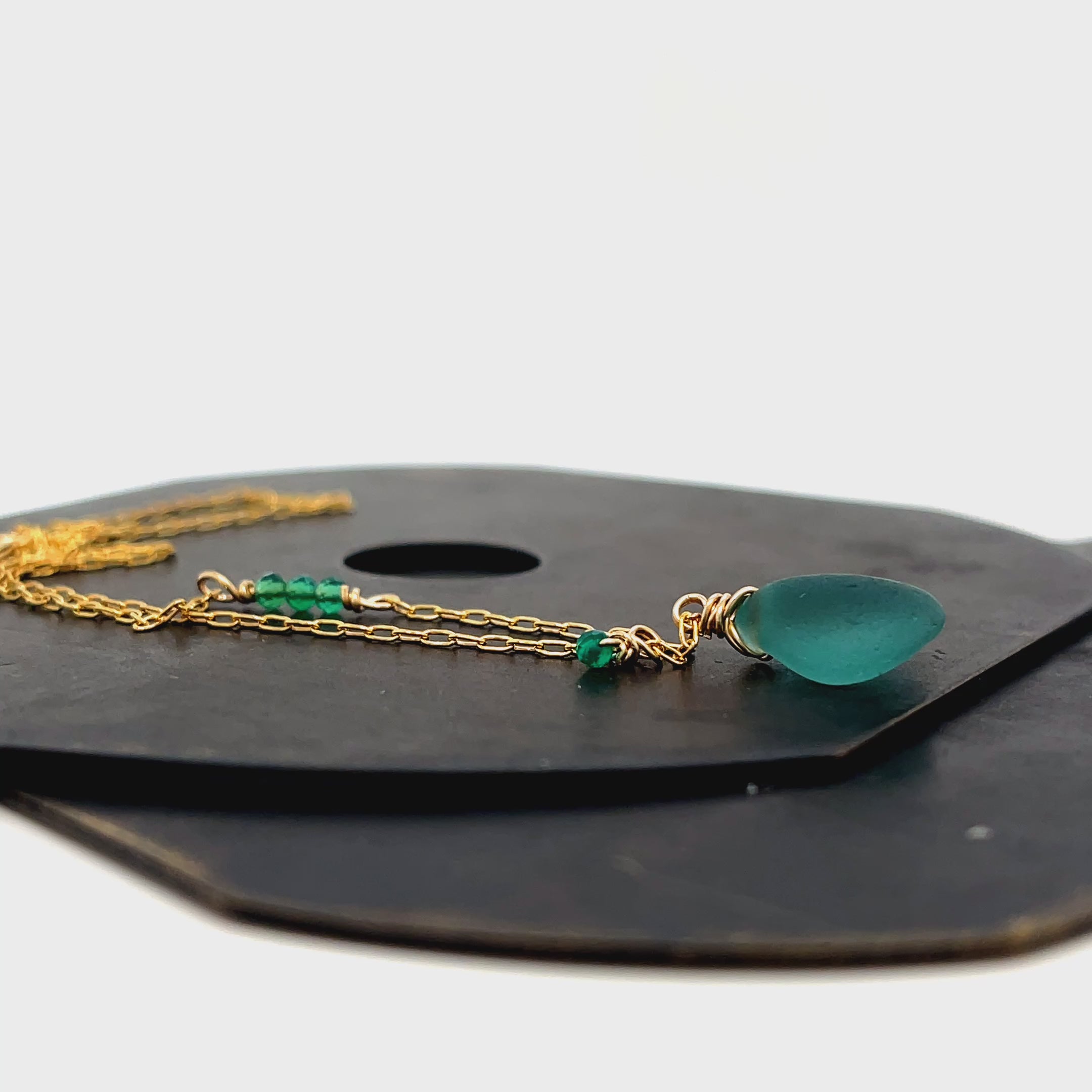 Sea green glass and onyx gold necklace by Kriket Broadhurst