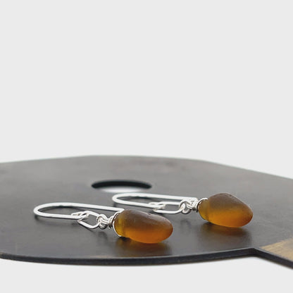 Silver Drop Earrings - Matte Hammered Earrings -  Silver Amber Sea Glass Drops