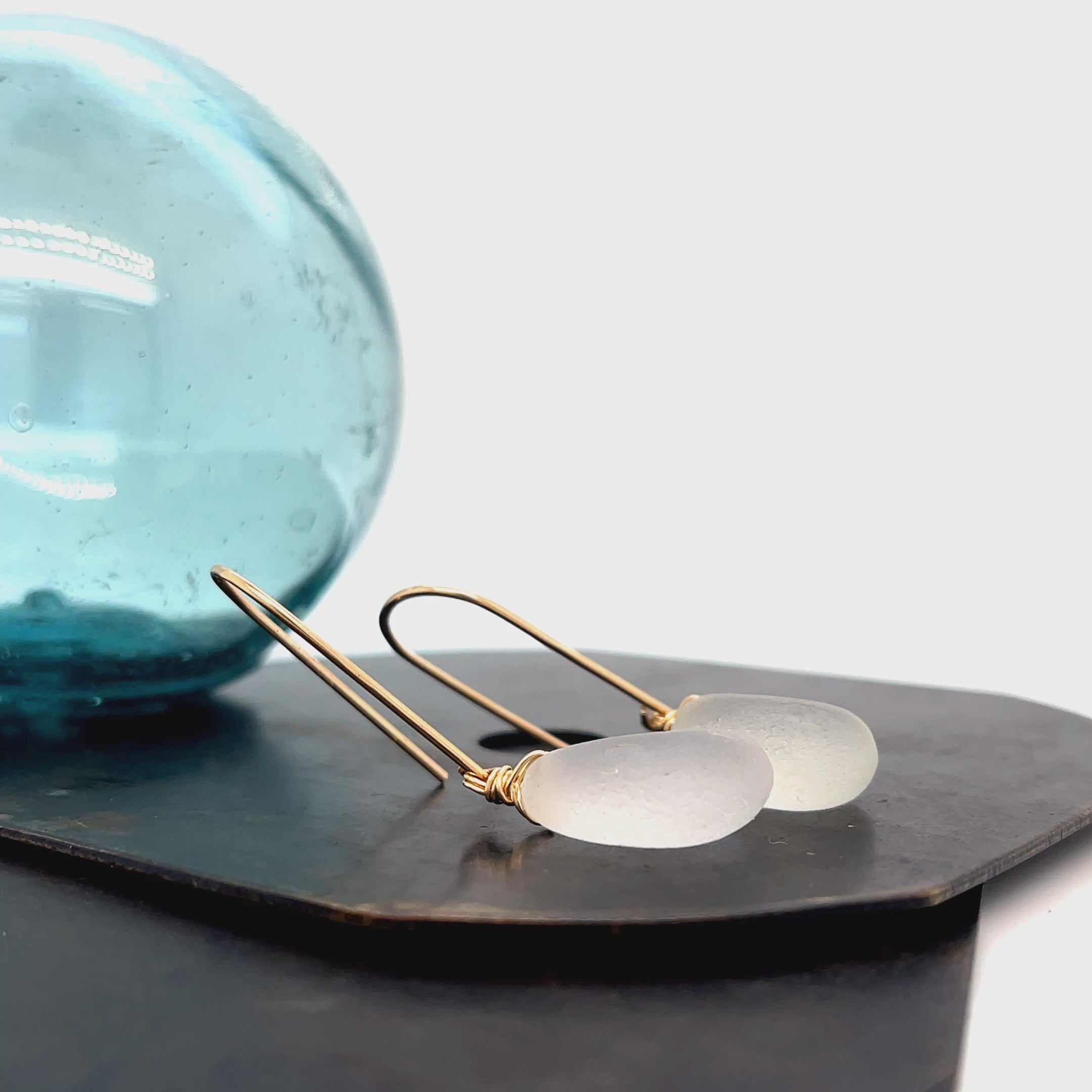 Clear Sea Glass Gold Drop Earrings | Kriket Broadhurst Jewellery