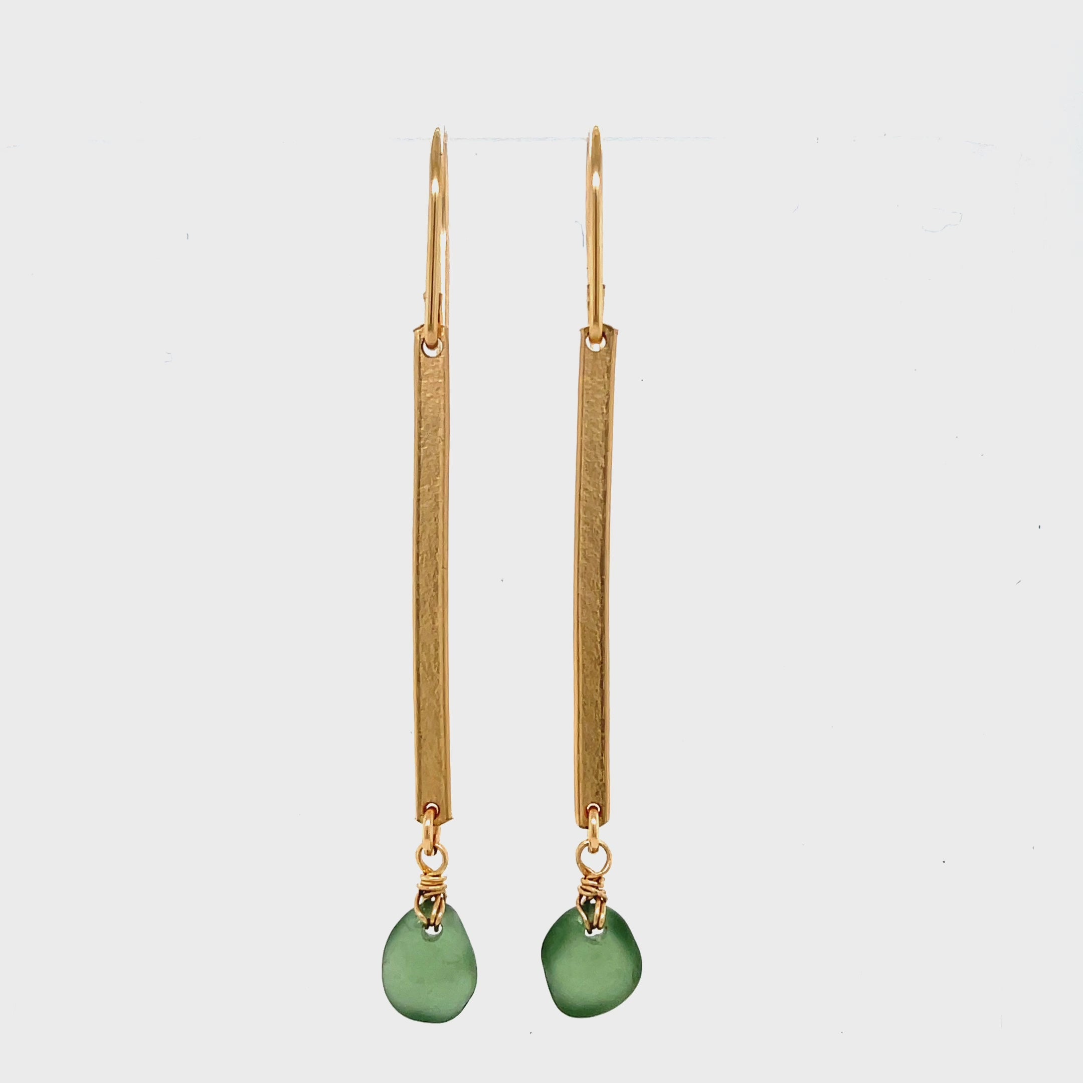 Green Sea Glass Gold Bar Earrings