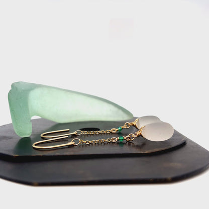 Clear Sea Glass &amp; Green Onyx  Chain Gold Earrings