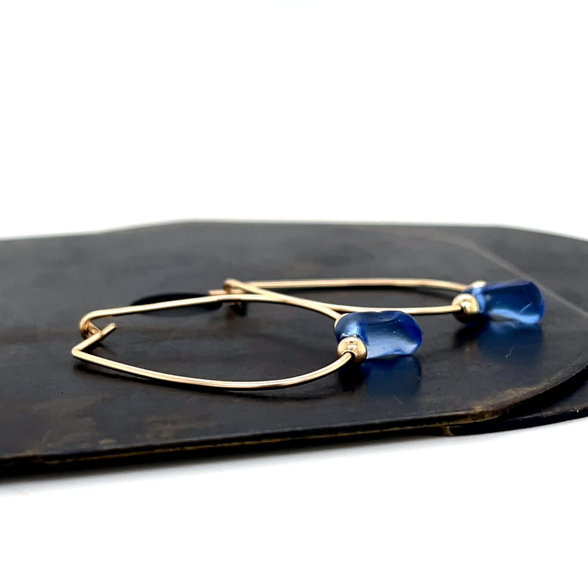 Blue Sea Glass Gold Hoop Earrings