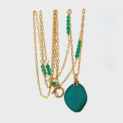 Green Onyx and Teal Sea Glass Paperclip chain Necklace