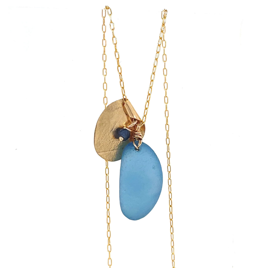 Denim Blue Sea Glass Gold Leaf Necklace