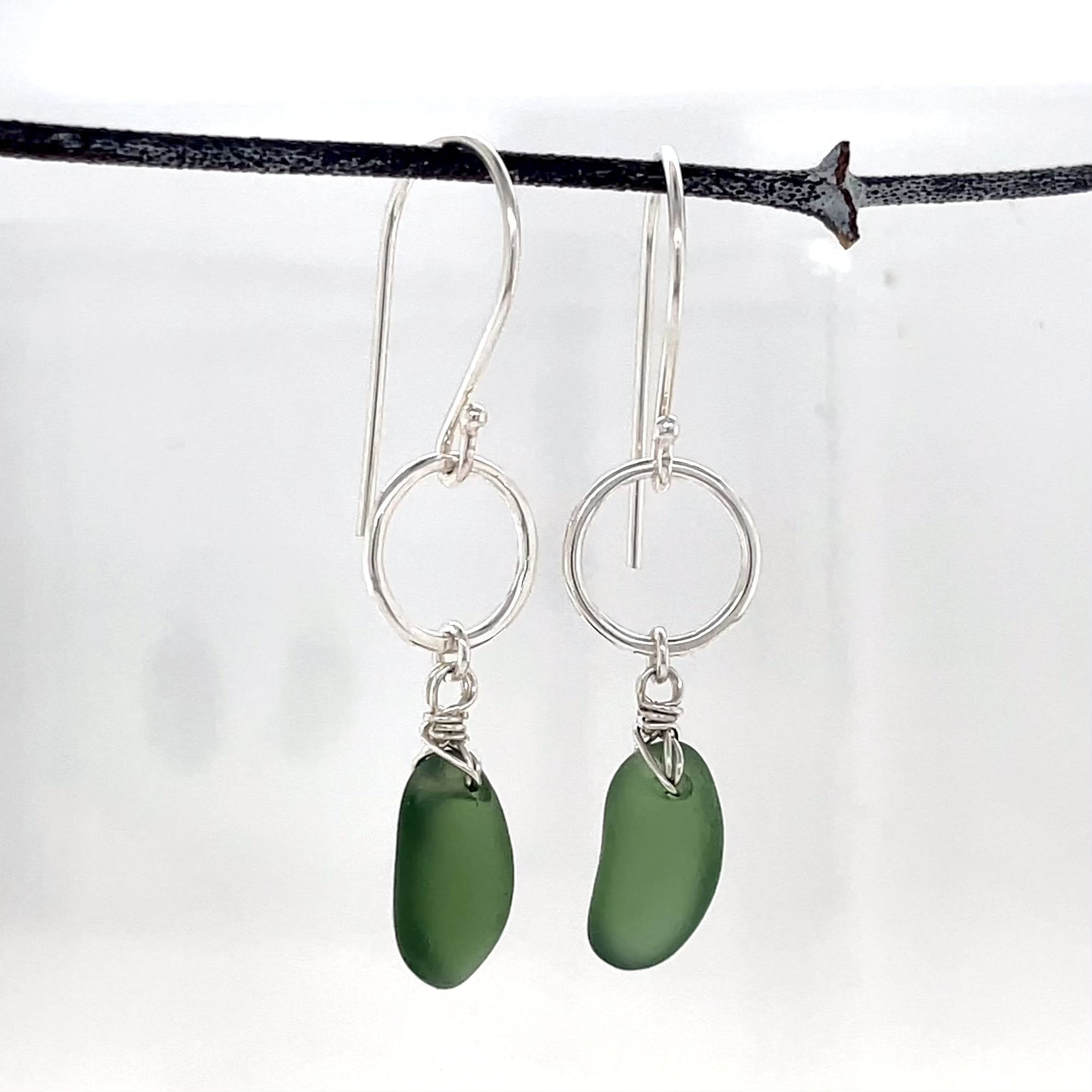 Green Sea Glass Silver Circle Earrings