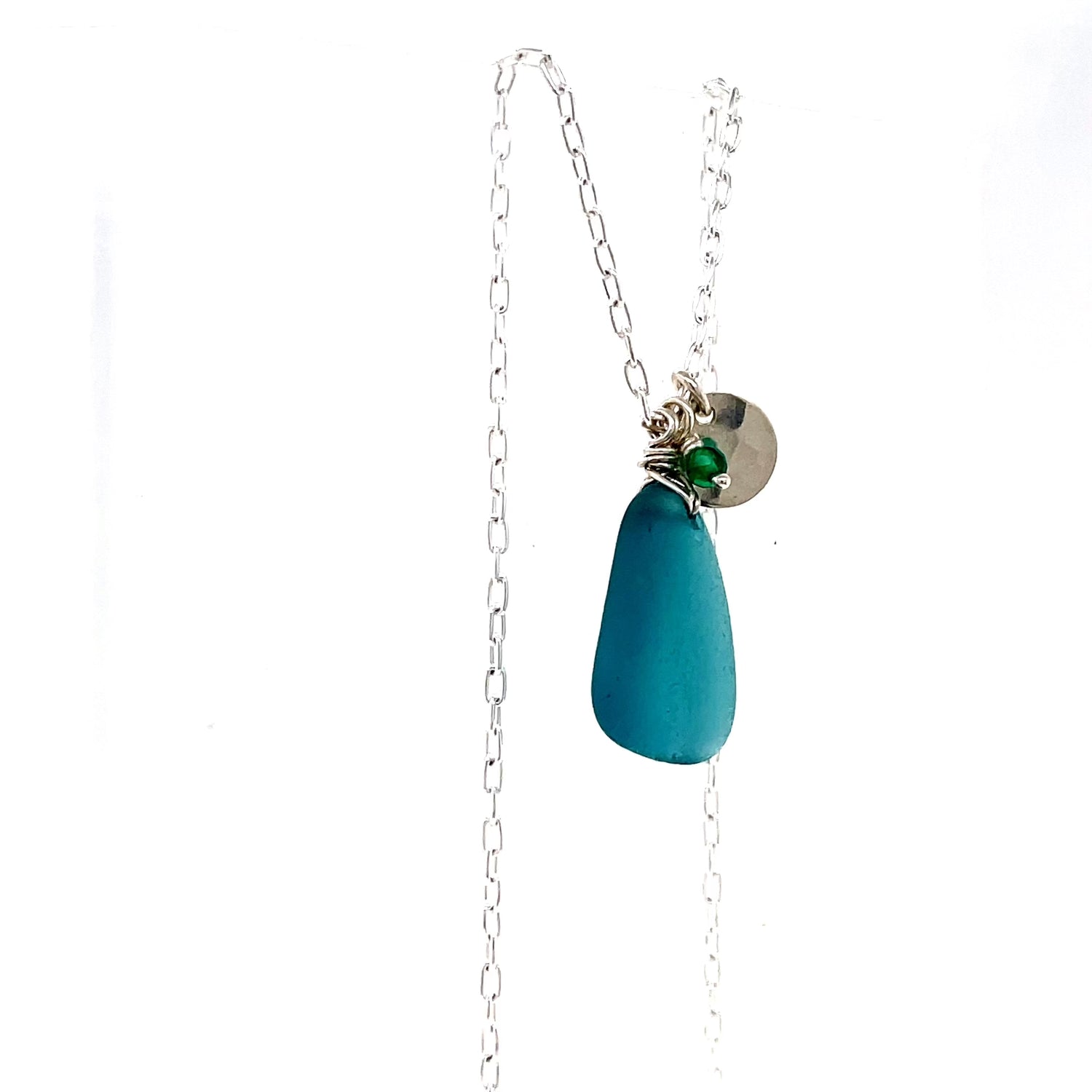 Turquoise Sea Glass &amp; Green Onyx Silver Charm Necklace