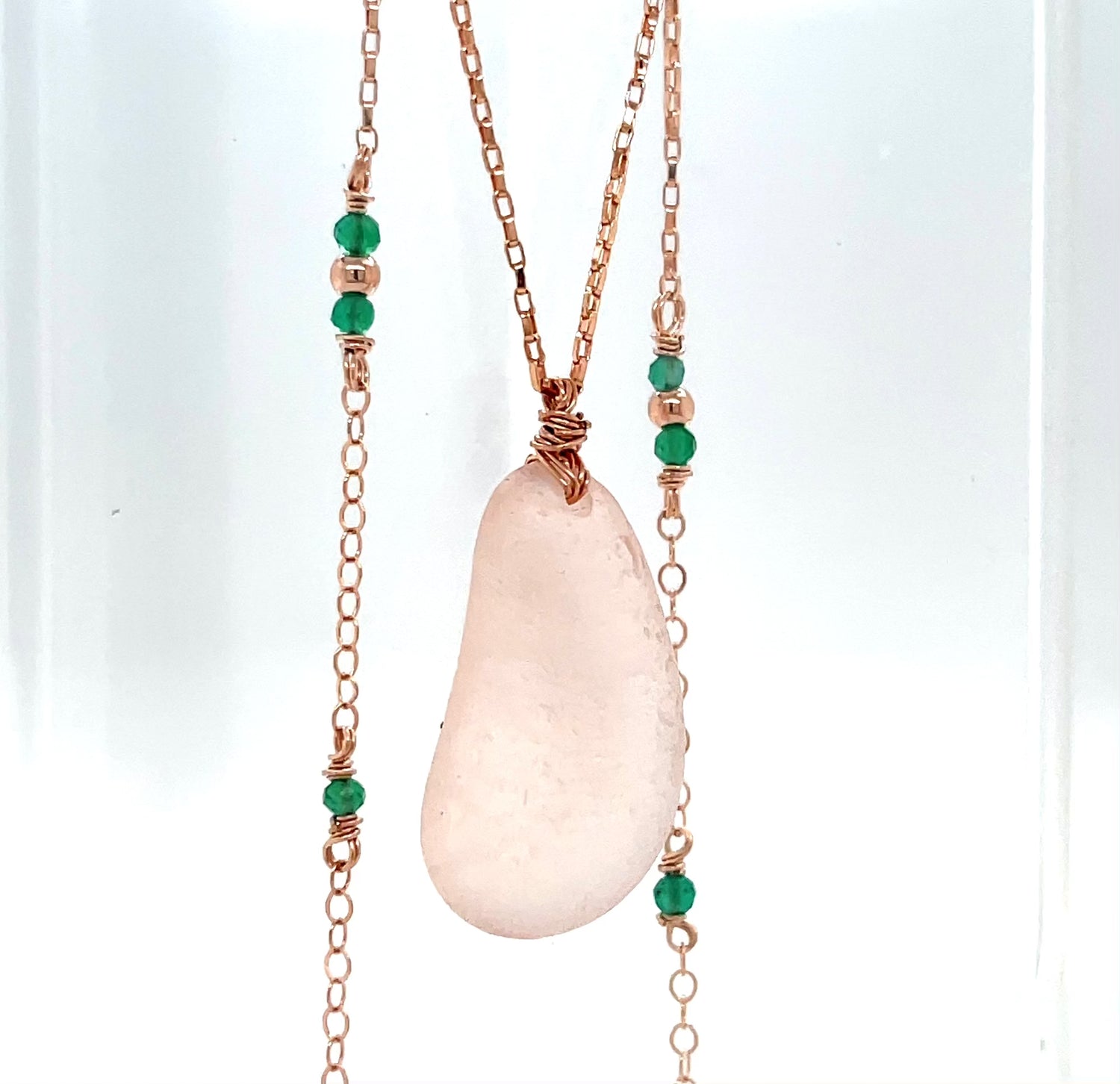 Rose Gold Pink Sea Glass &amp; Green Onyx Necklace