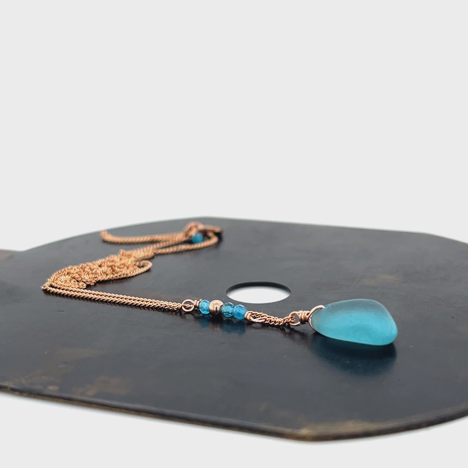 Turquoise Sea Glass and Apatite Necklace - Rose Gold Chain
