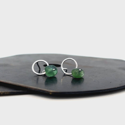 Green Sea Glass Stud Silver Earrings