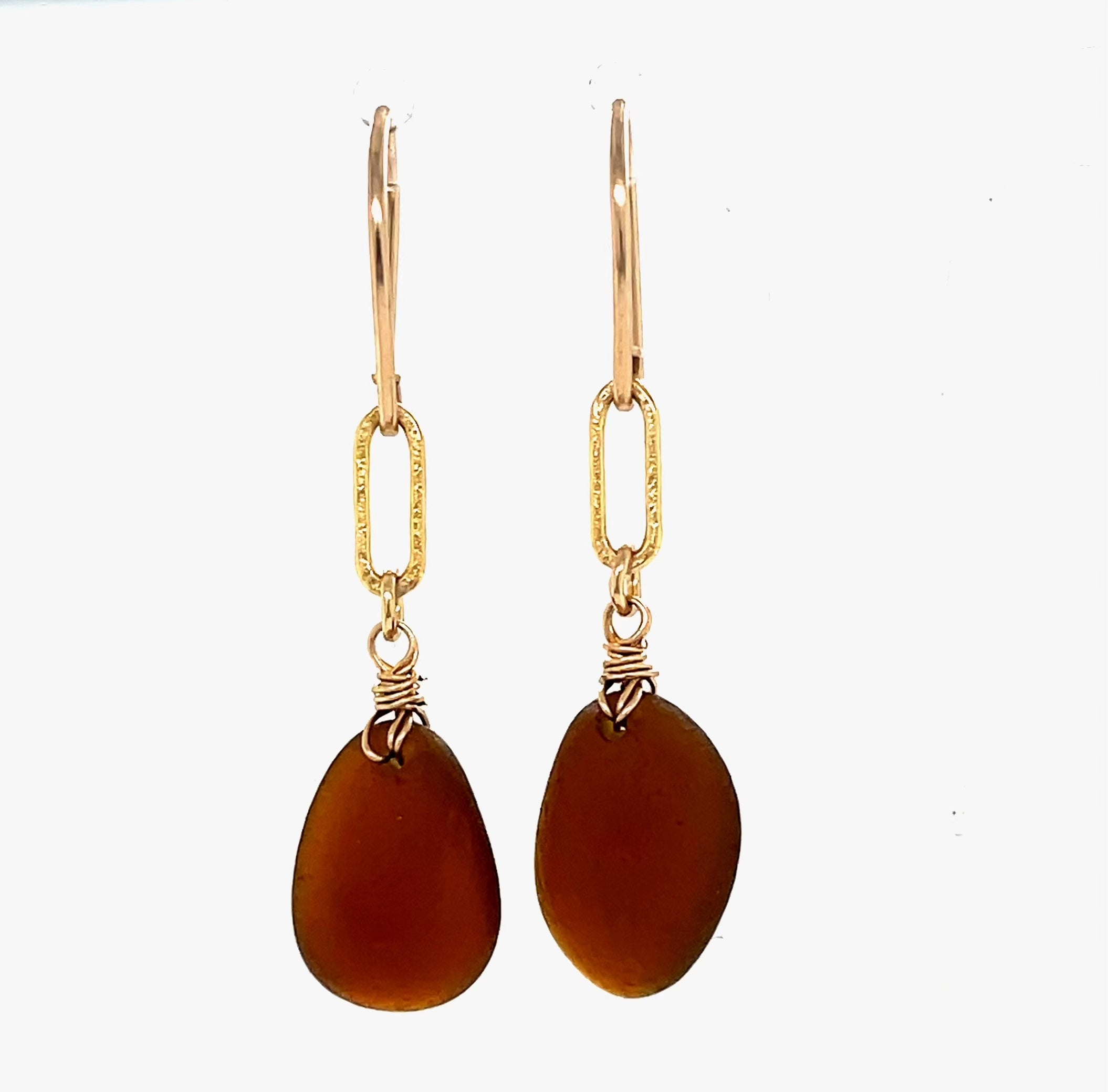 Elegant amber sea glass jewelry: gold drop earrings with natural textures