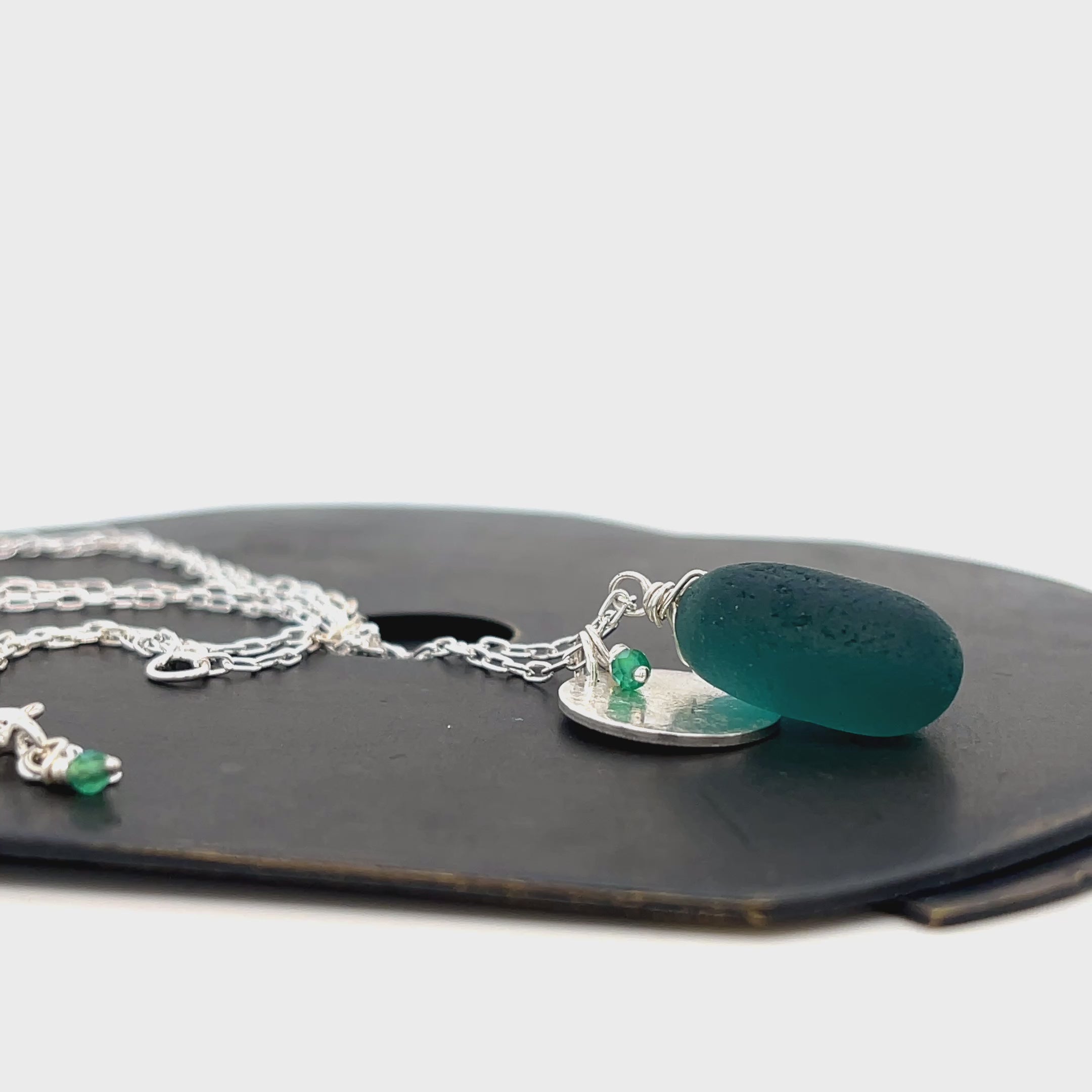 Teal Sea Glass Green Onyx &amp; Disc Silver Necklace