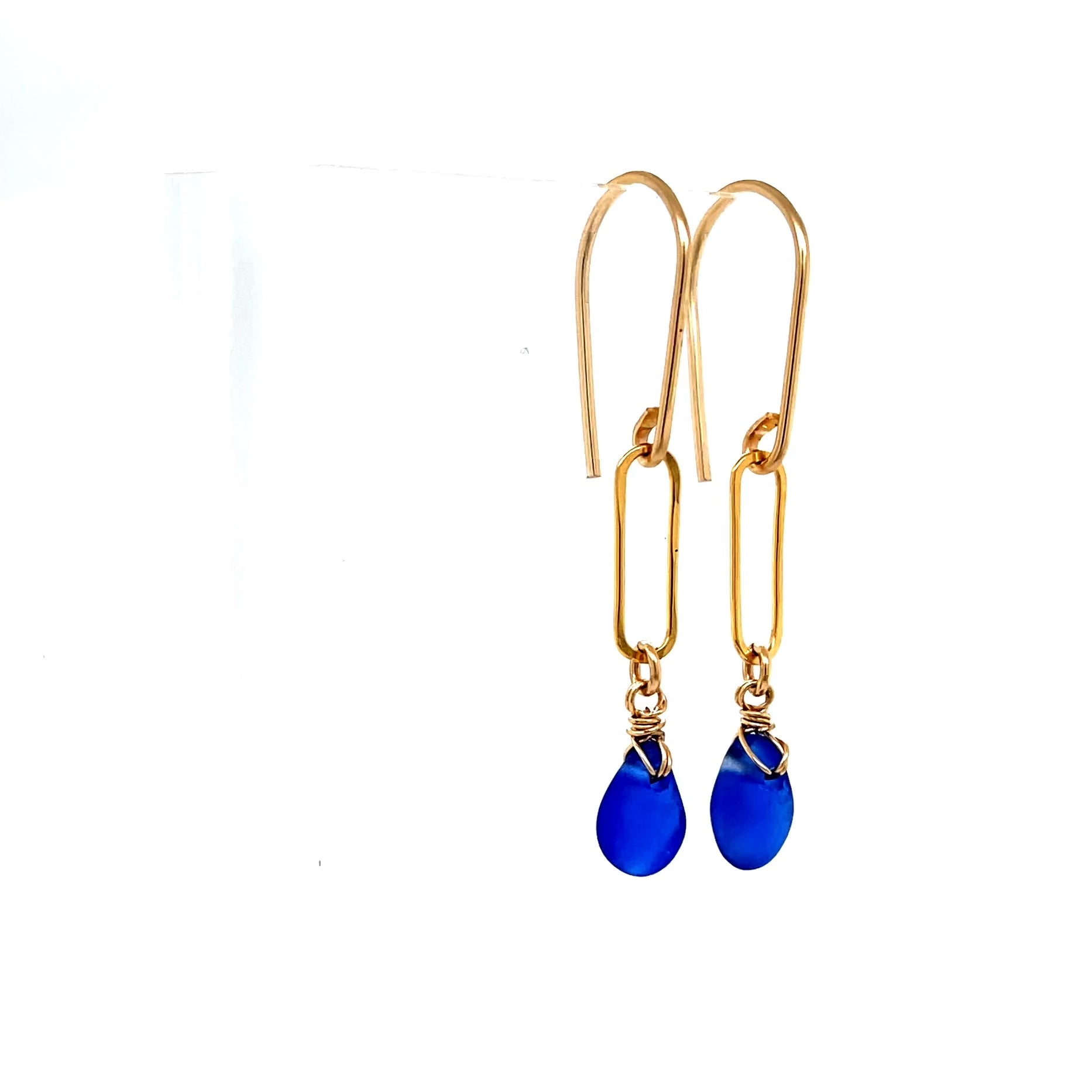Blue Sea Glass Paperclip Gold Earrings