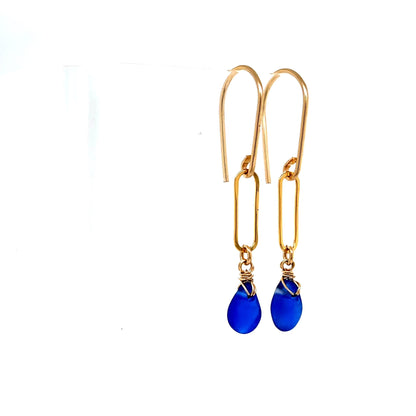 Blue Sea Glass Gold Paperclip Earrings