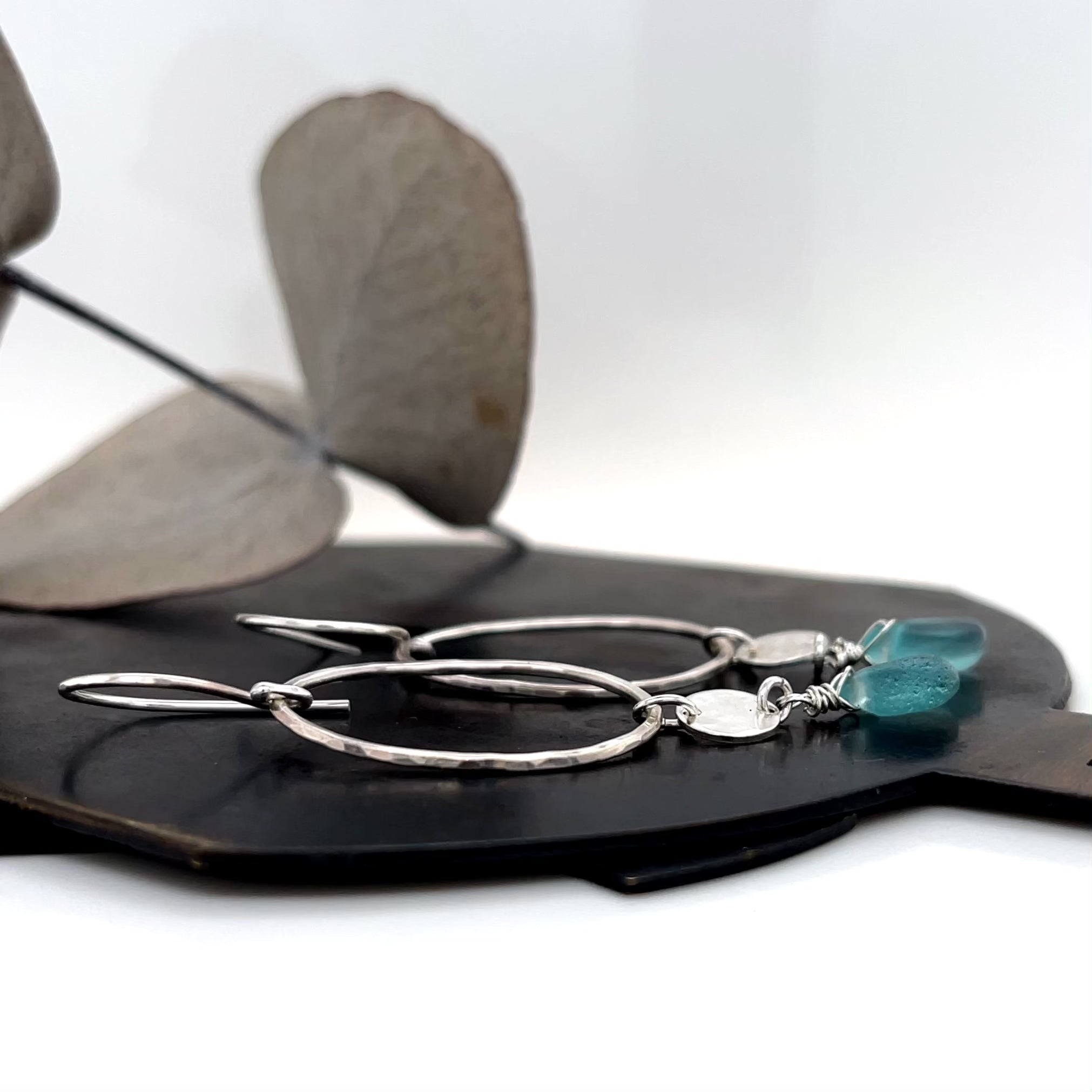 Turquoise Sea Glass Silver Chandelier Earrings