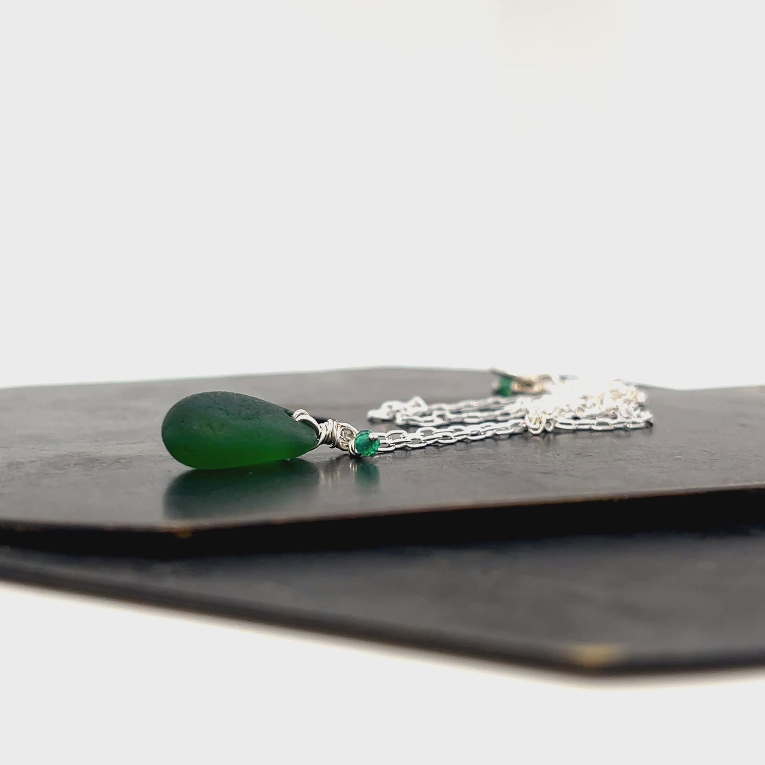 Emerald Green Sea Glass and Green Onyx Silver Necklace