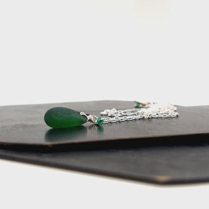 Emerald Green Sea Glass and Green Onyx Silver Necklace