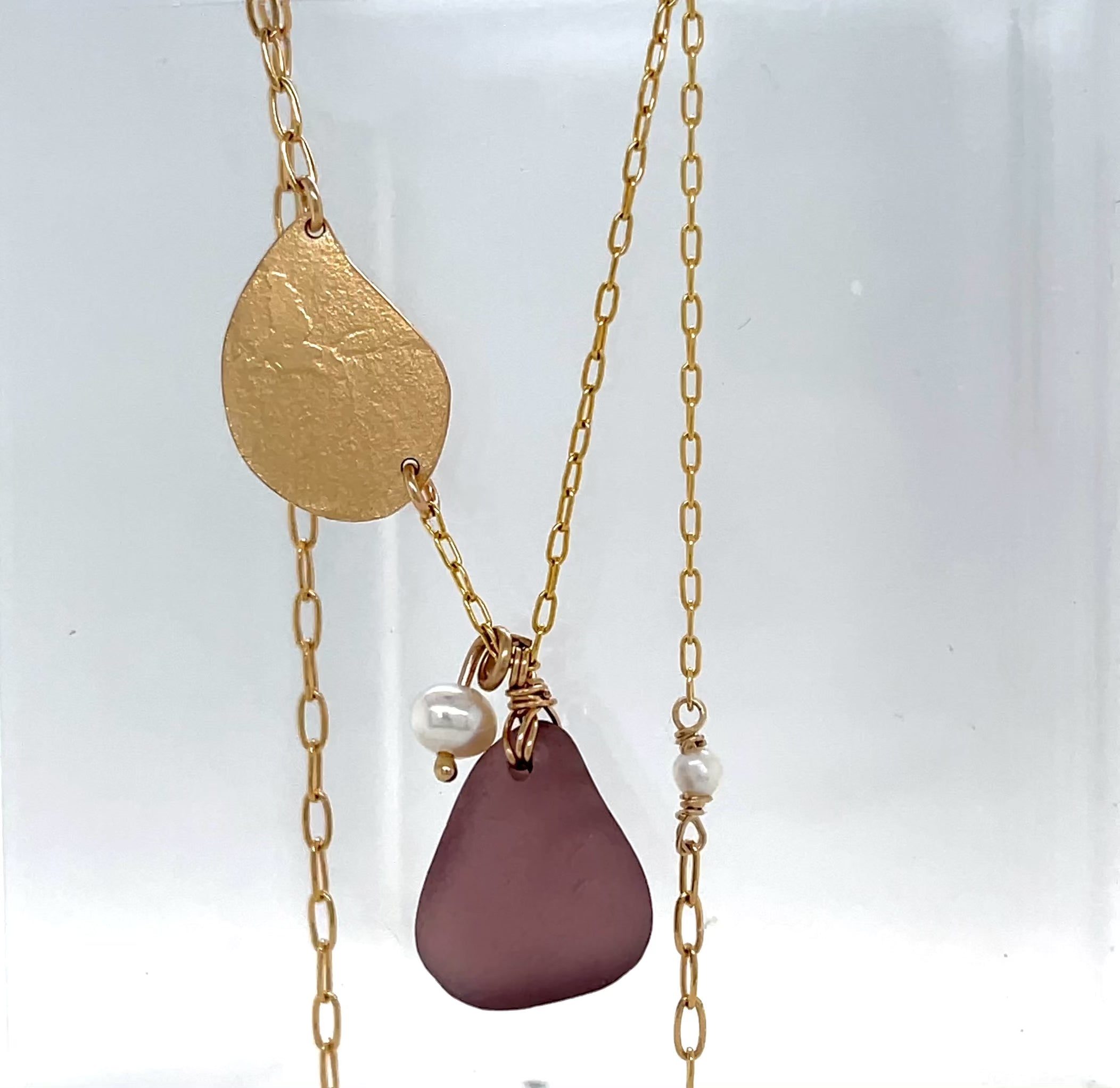 Mulberry Sea Glass &amp; Pearl Gold Leaf Necklace