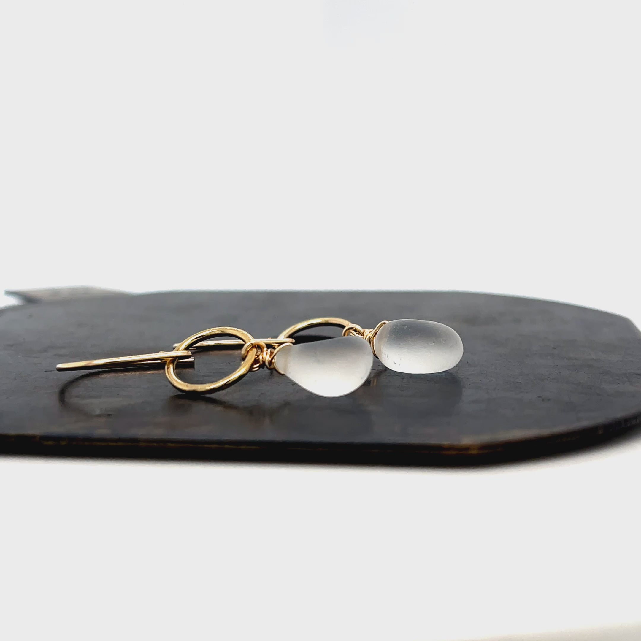 Clear Sea Glass Circle Gold Earrings