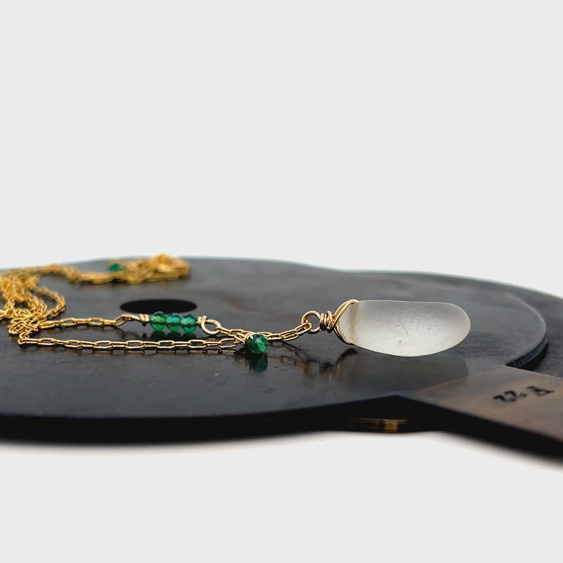 Clear Sea Glass Gold Necklace with Green Onyx