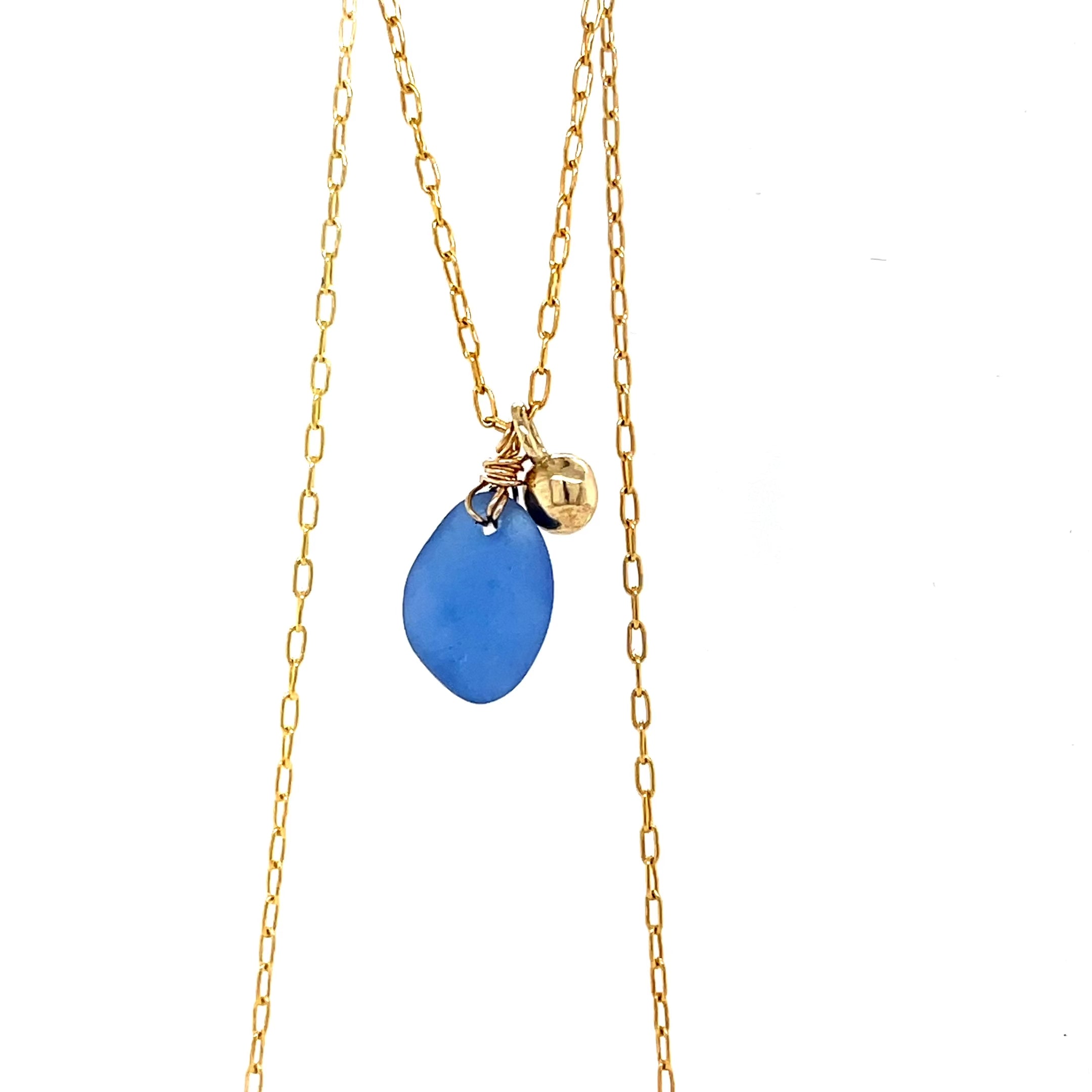 Blue Sea Glass Gold Nugget Necklace