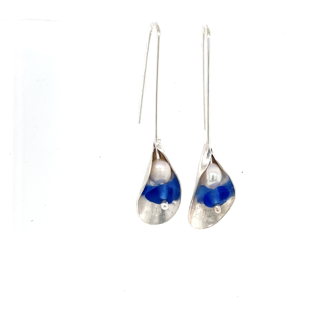 Blue Sea Glass &amp; Pearl Silver Drop Earrings