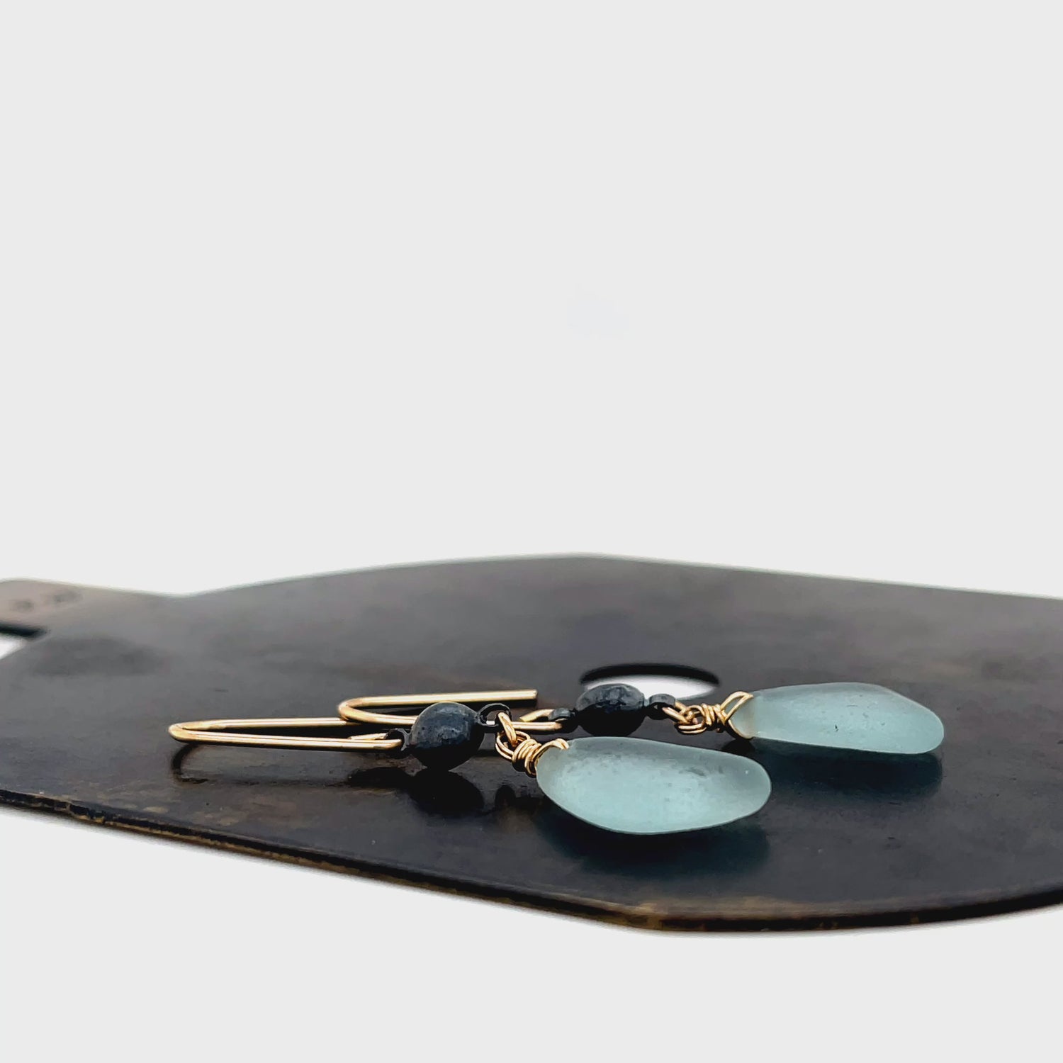 Pale Aqua Sea Glass Gold Chandelier Earrings