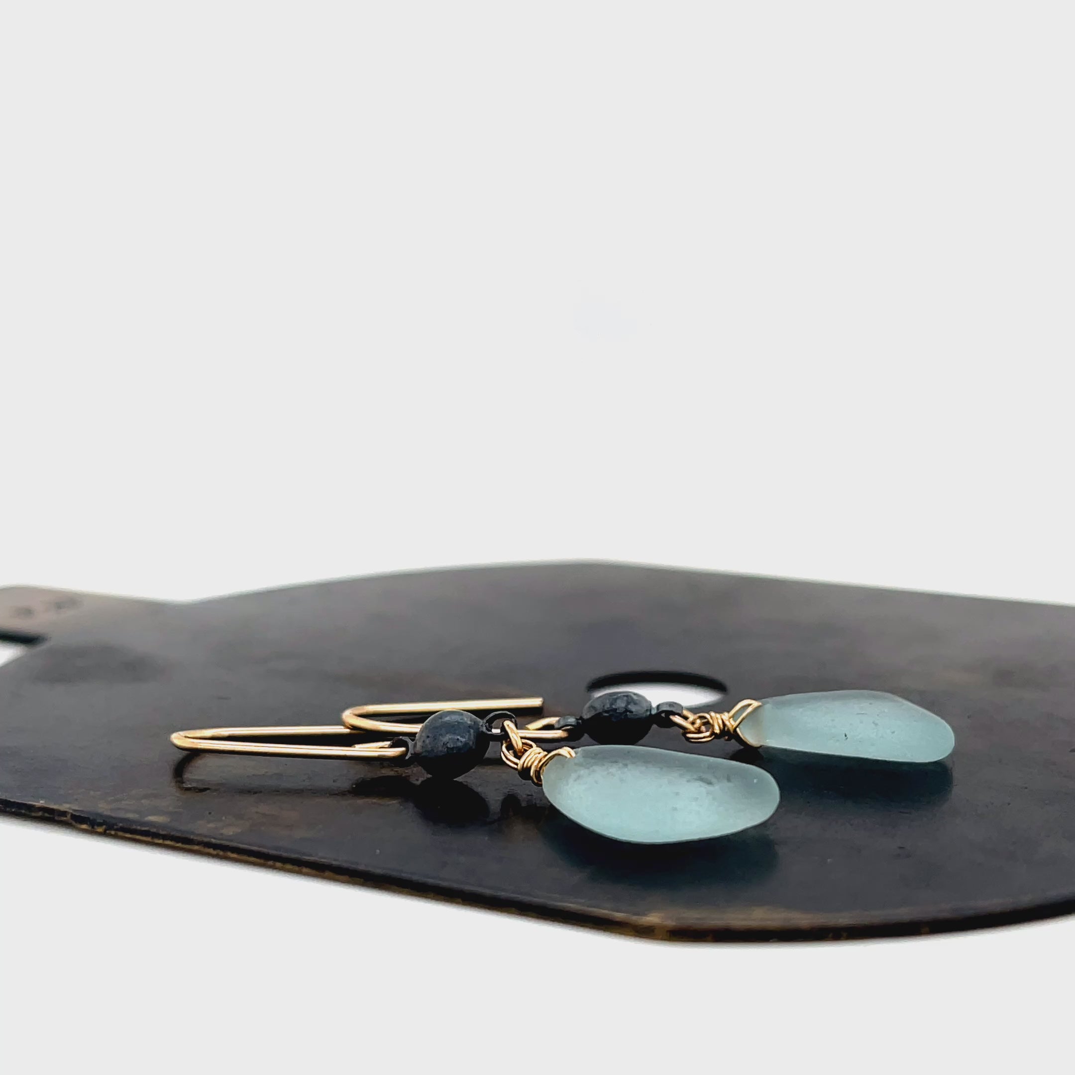 Pale Aqua Sea Glass Gold Chandelier Earrings