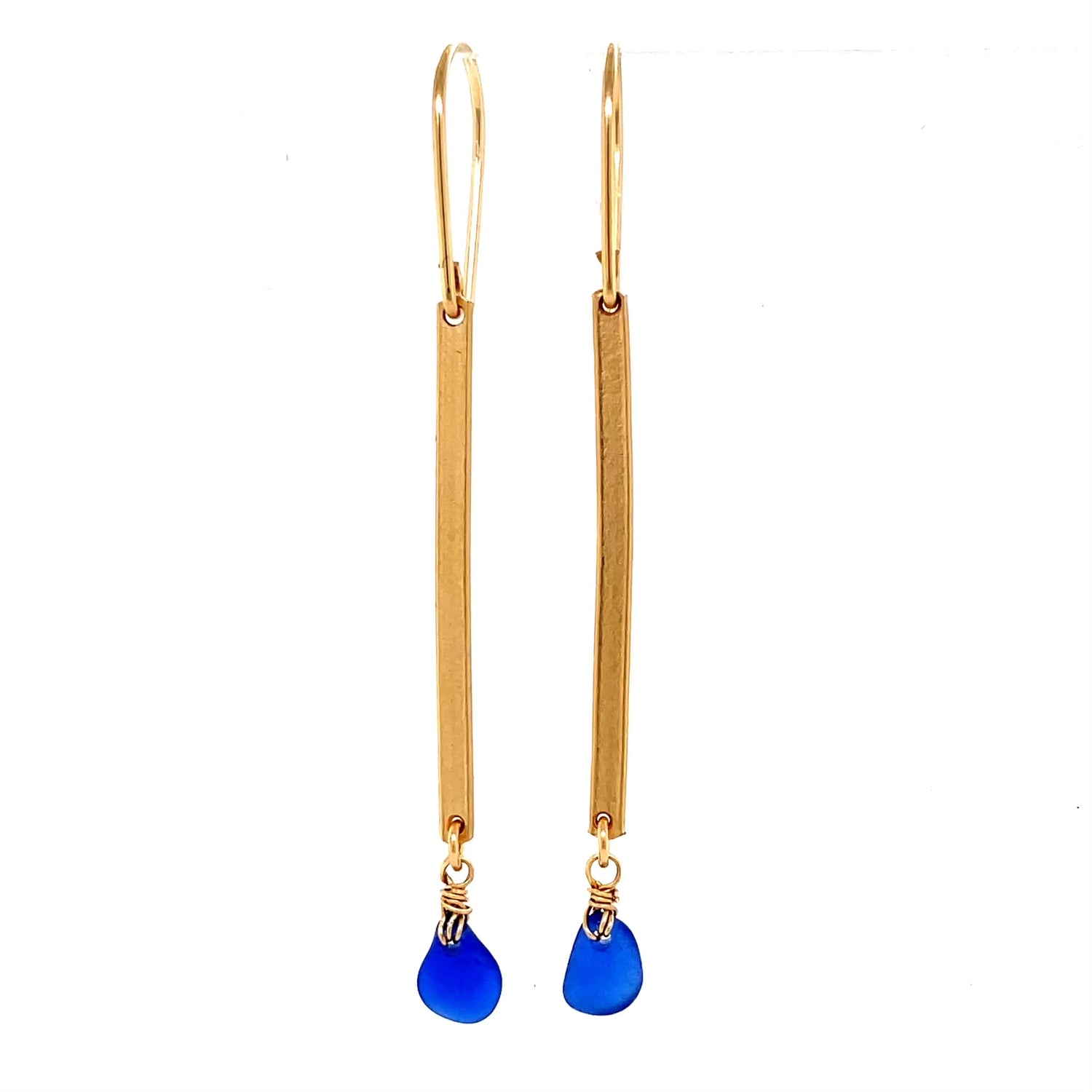 Gold Bar Drop Earrings - Blue Sea Glass Earrings.