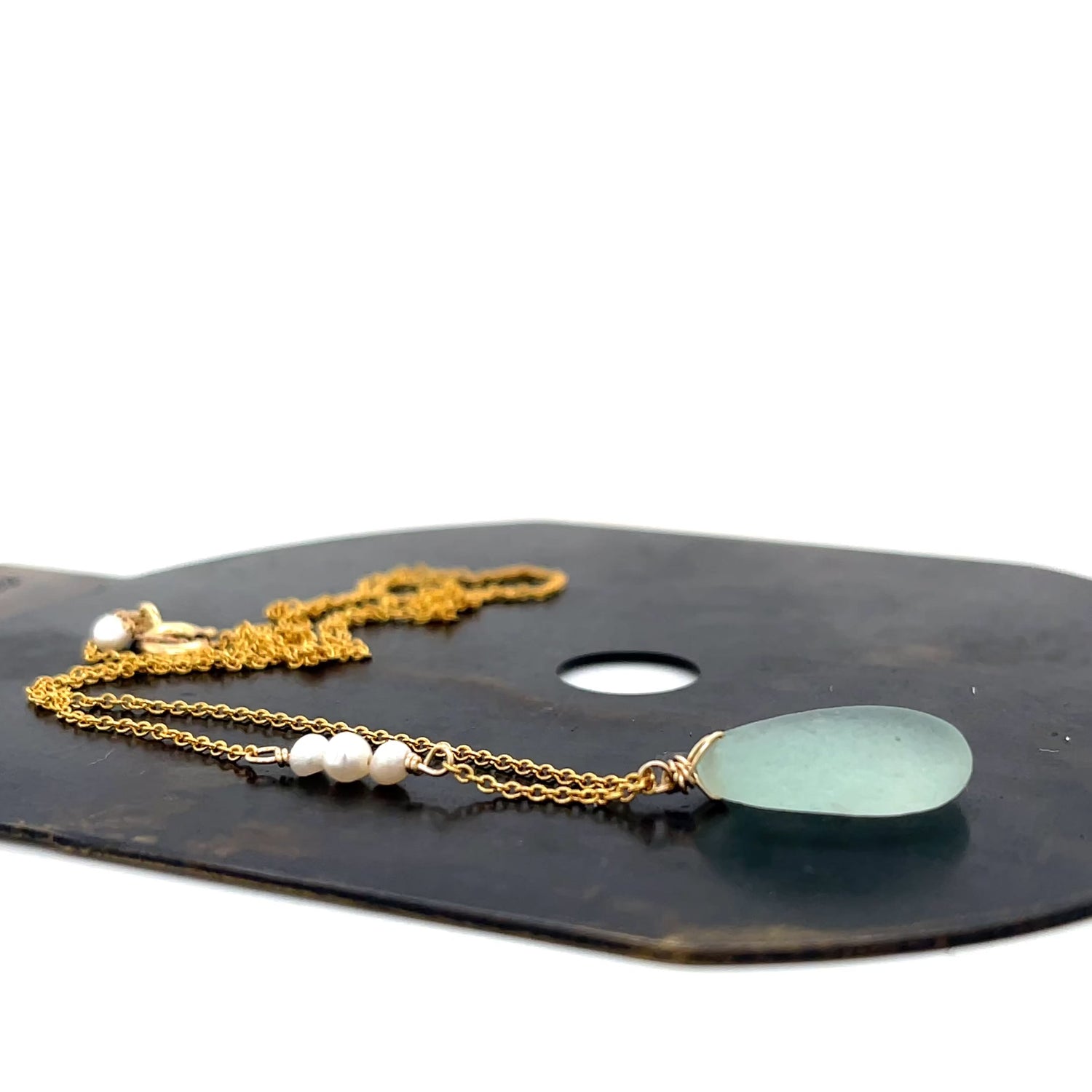 Minimalist seafoam sea glass necklace with pearl detail on gold-filled chain, handmade in Australia.