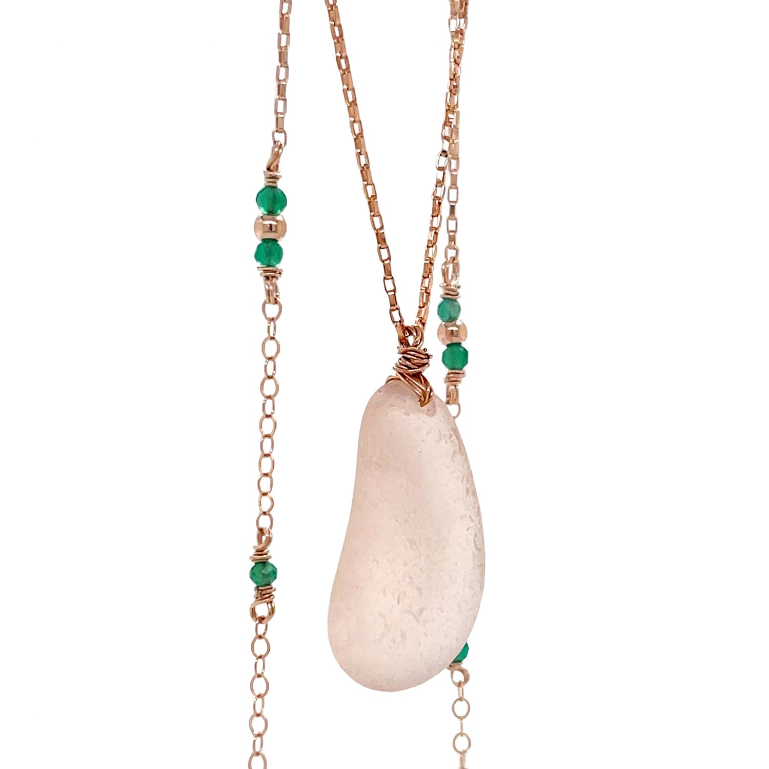 Rose Gold Pink Sea Glass &amp; Green Onyx Necklace