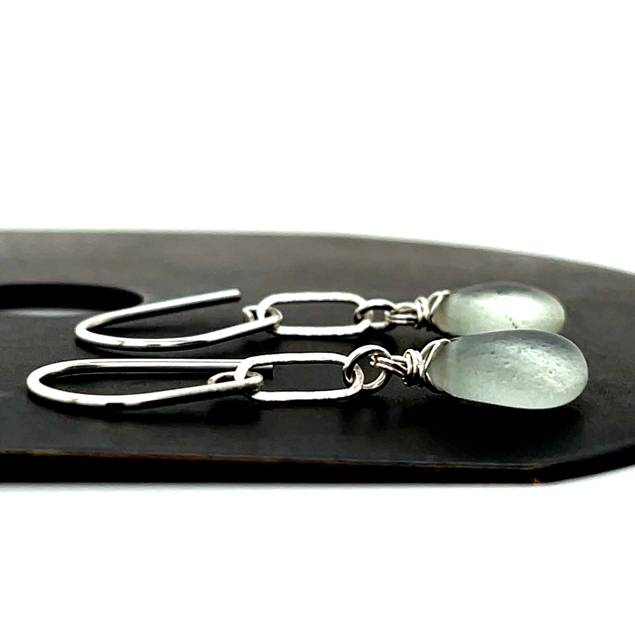 pale green silver earrings, silver matte drop earrings