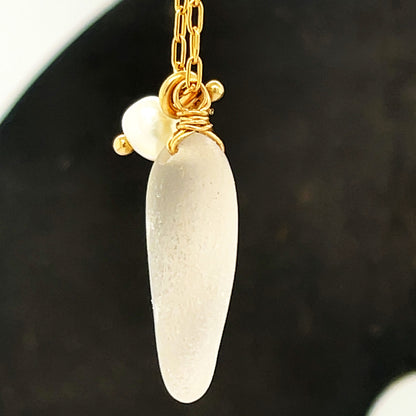 Gold Pearl Necklace - Clear Sea Glass Necklace - Charm Necklace