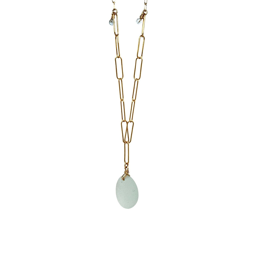 Close-up of seafoam pendant and aquamarine accents
