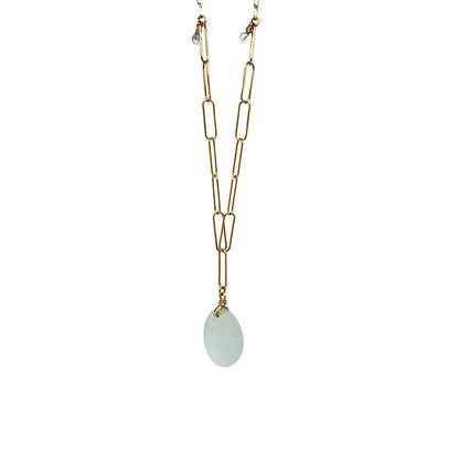 Close-up of seafoam pendant and aquamarine accents
